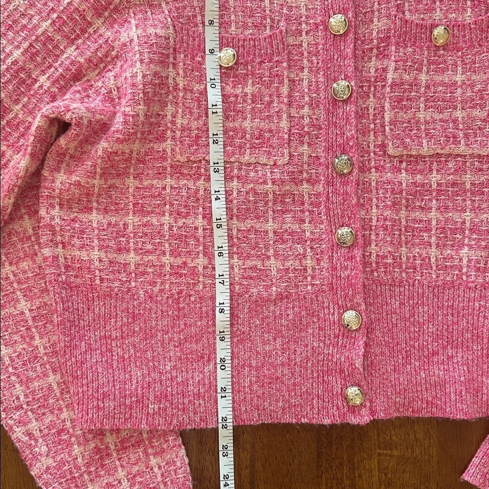 SHEIN women’s tweed knit style Chanel preppy pink cropped cardigan size XL - Picture 2 of 6